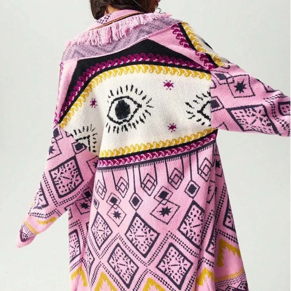 Pink Geometric Aztec Print Fringe Cardigan - Picture 8 of 15